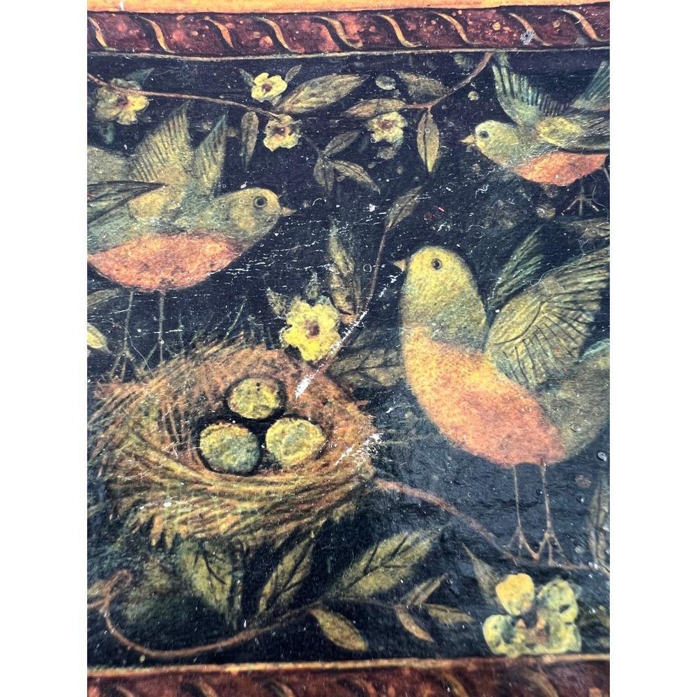 Vintage Folk Art Metal Wall Hanging Birds Nest Scalloped Red Plaque Cottagecore - Picture 4 of 7